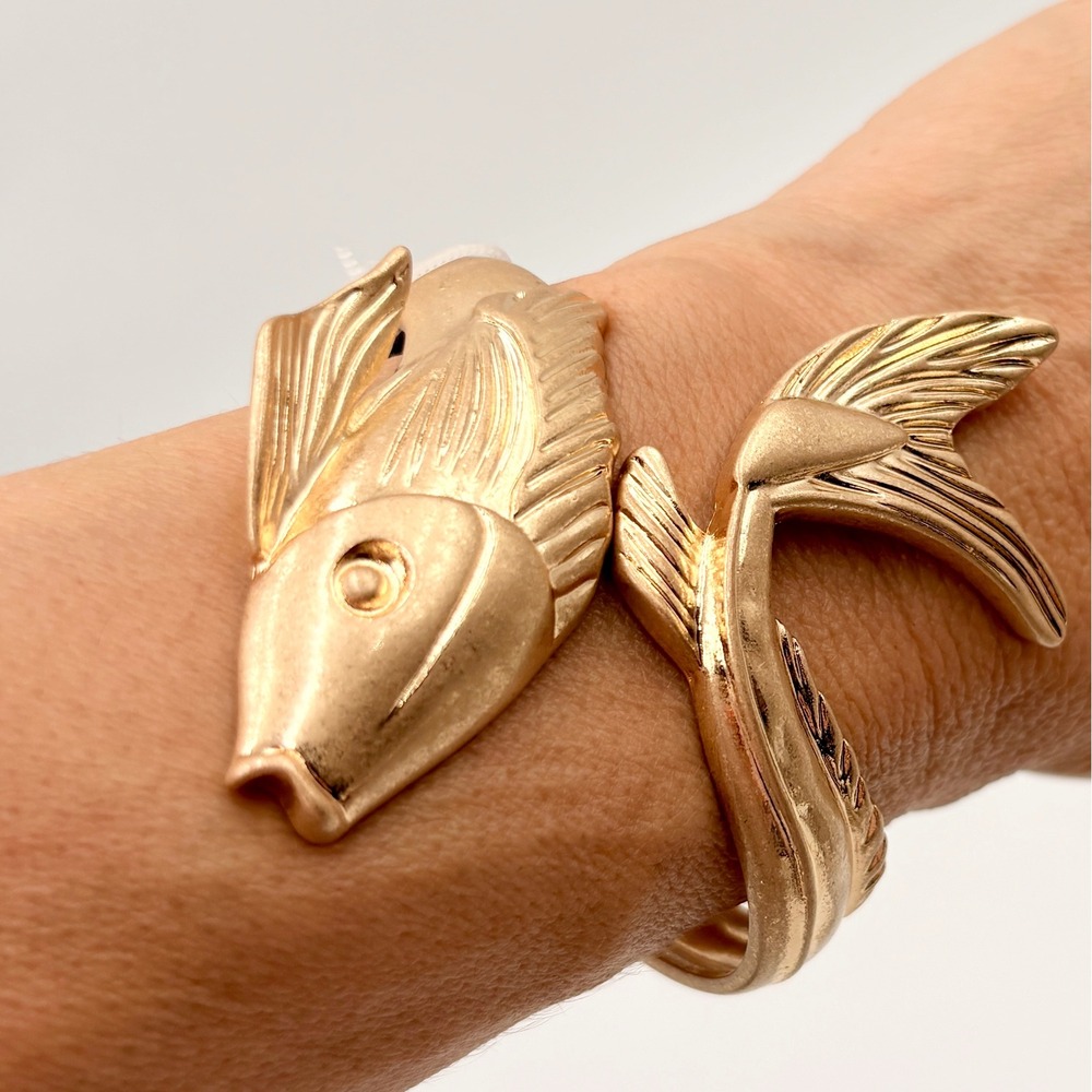 Piper K Gold Tone Fish Bypass Hinged Cuff Bracelet Brushed Matte Nautical New